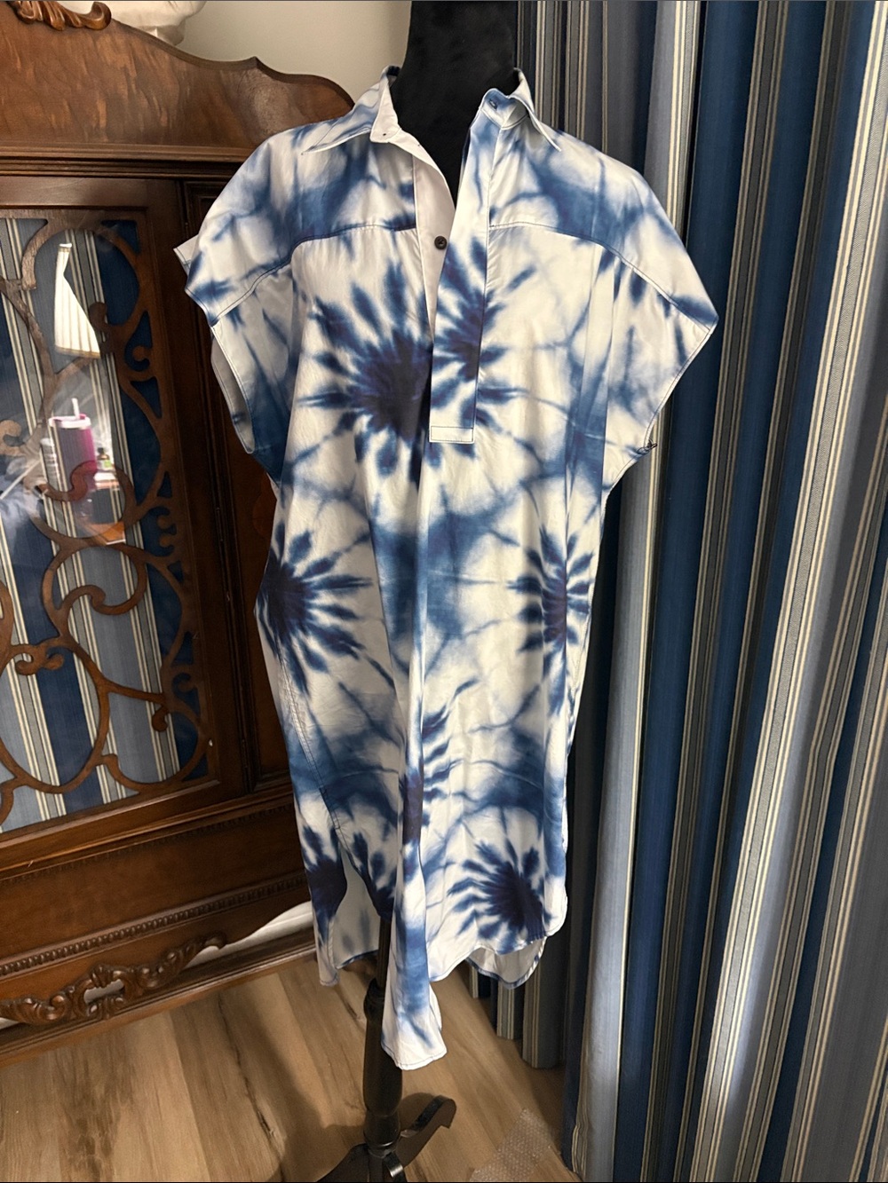 bassike Blue and White Tie-Dye Midi Shirt Dress